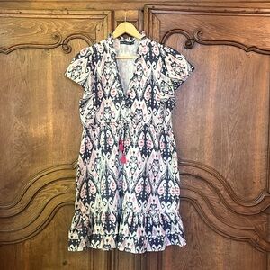 LA PLAGE Dress Tassel Tie Neck Tiered Sundress Cover Up  Boho Cotton Blue Pink